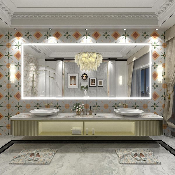 88 in. W x 38 in. H Rectangular Frameless 192 LEDs/m Front Lighted Anti-Fog Tempered Glass Wall Bathroom Vanity Mirror