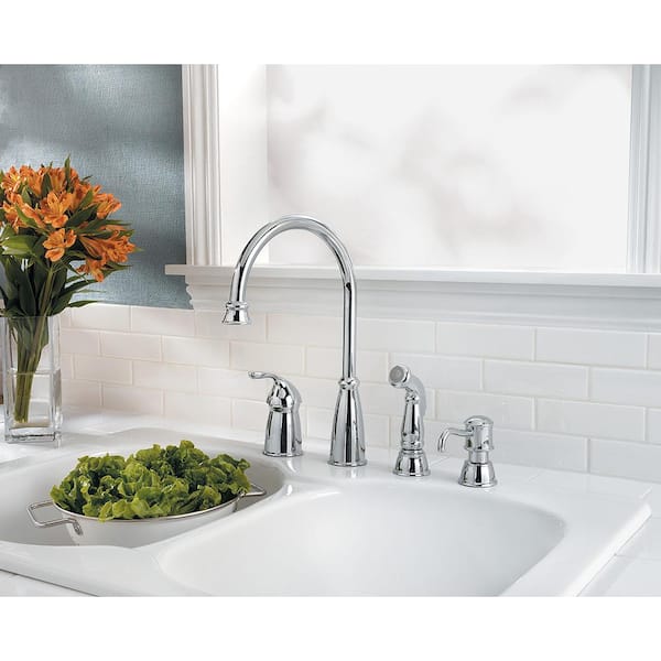 Avalon Single Handle High-Arc Standard Kitchen Faucet with Side Sprayer and Soap Dispenser in Polished Chrome