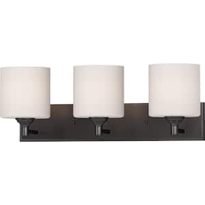 Milena 3-Light Indoor Antique Bronze Vanity Light with White Etched Cased Glass Cylinder Shades