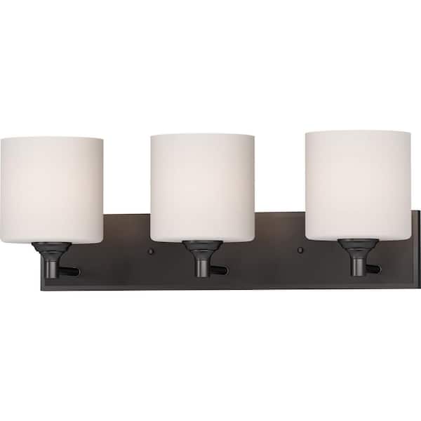 Volume Lighting Milena 3-Light Indoor Antique Bronze Vanity Light with White Etched Cased Glass Cylinder Shades