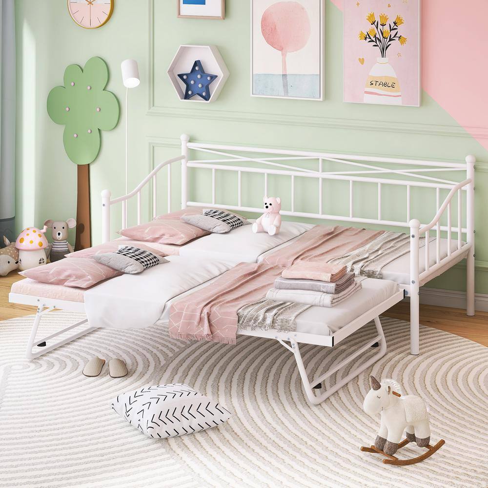 GODEER White Twin Size Metal DayBed with Twin Size Adjustable Trundle ...