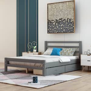 Gray Wood Frame Wood Full Platform Bed with 2-Drawers