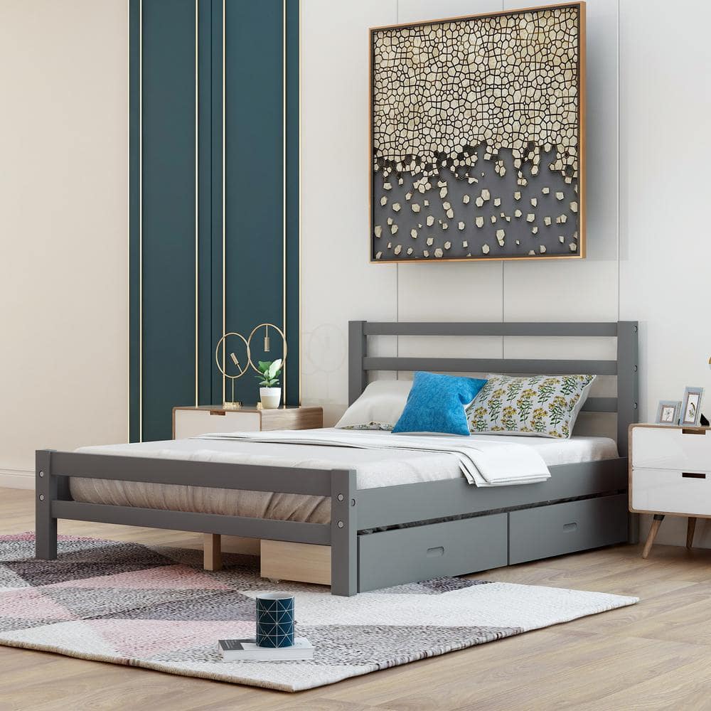 Polibi Gray Wood Frame Wood Full Platform Bed With 2-Drawers HARI ...