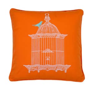 Abigail Orange, White Embroidered Birdcage 18 in. x 18 in. Throw Pillow