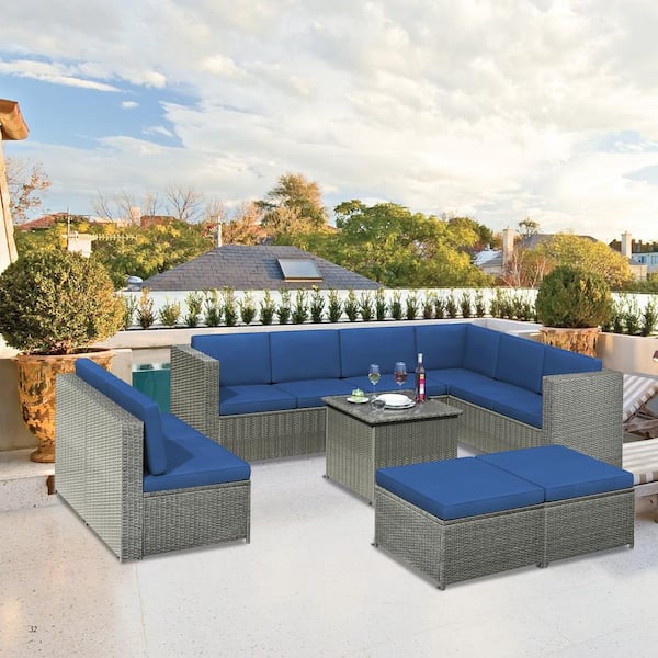 Tunearary Gray 9-Piece Wicker Patio Conversation Set with Blue(Teal) Cushions and Coffee Table