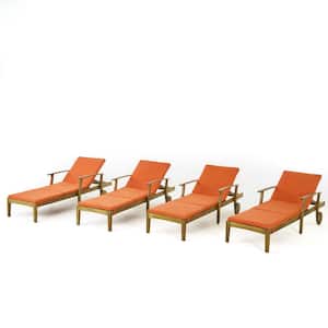 Perla Teak Brown Wood Outdoor Chaise Lounge with Orange Cushions (Set of 4)