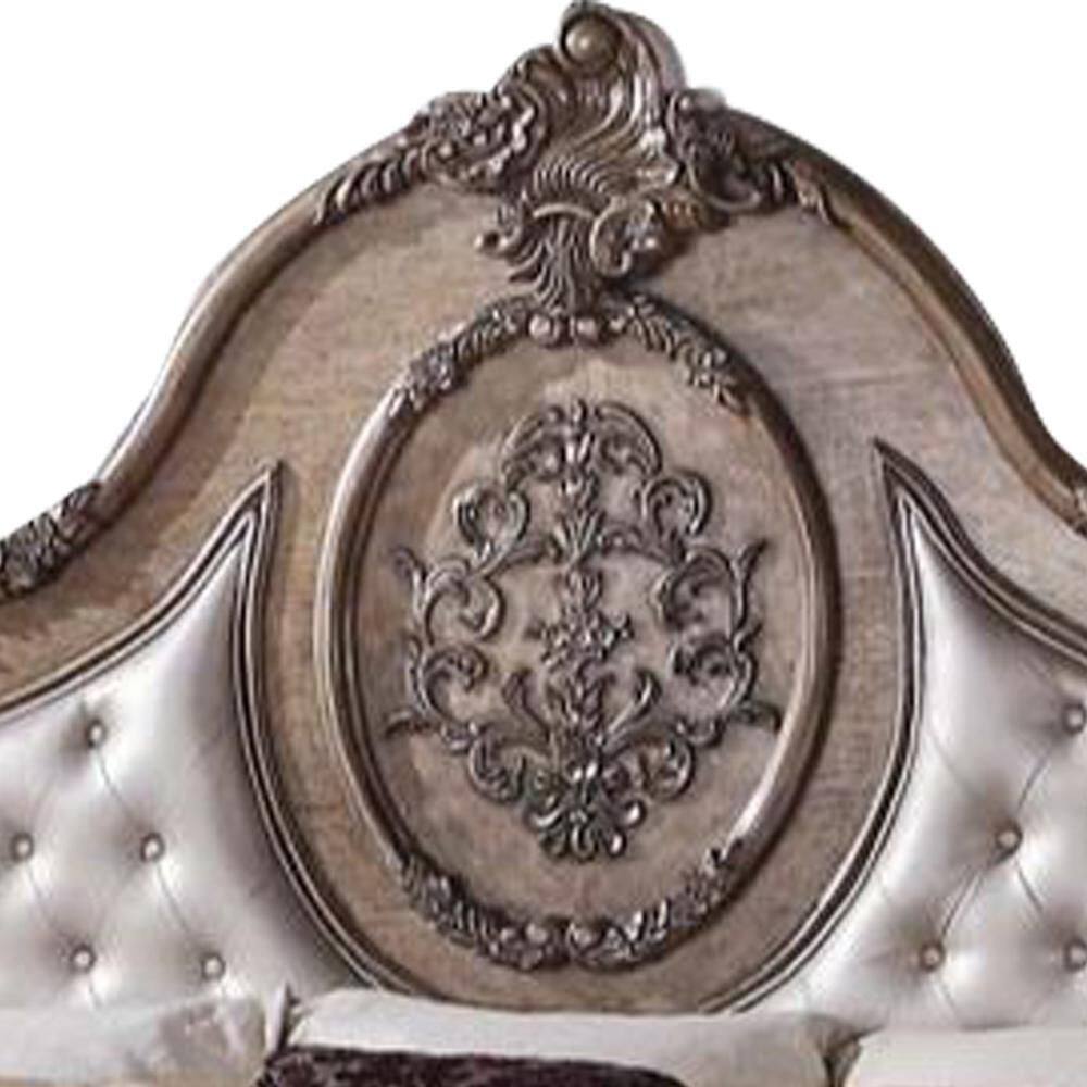 King Size Vintage Oak Upholstered Bed with Tufted Headboard