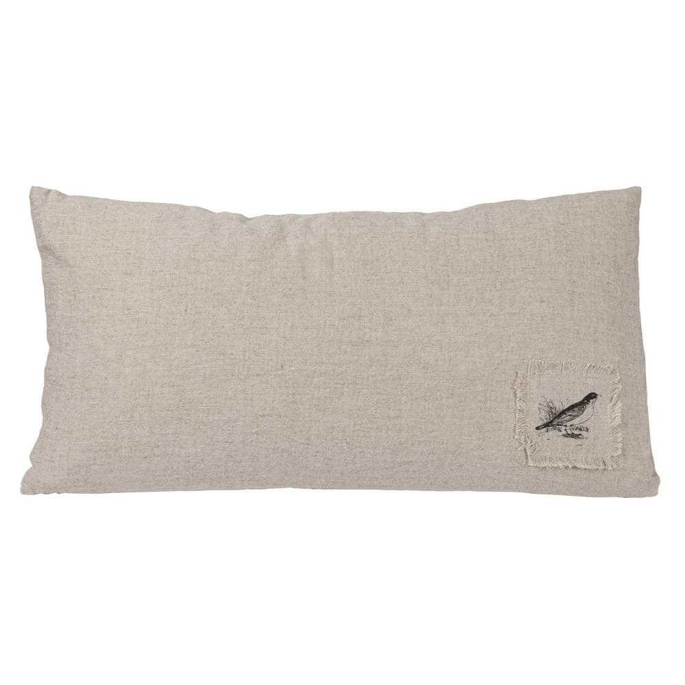 Natural Linen Blend Lumbar Pillow with Floral and Bird Design