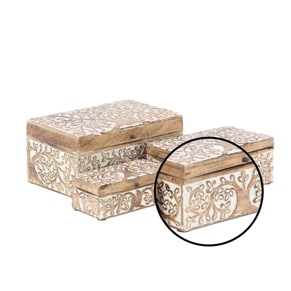 Set of 3 Brown Mango Wood Floral Decorative Boxes