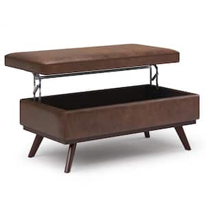 Owen 42 in. Wide Rectangle Lift Top Large Coffee Table Storage Ottoman in Distressed Chestnut Brown Faux Leather