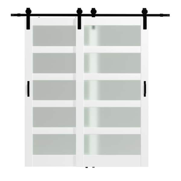 84 in. x 84 in. Double 42 in. Doors Frosted Glass, White, MDF Double 5-Lite PVC Covering Sliding Barn Door Hardware Kit