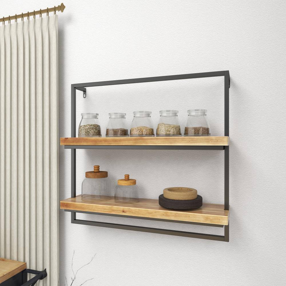 Brown 26" Floating Wood and Metal Wall Shelf