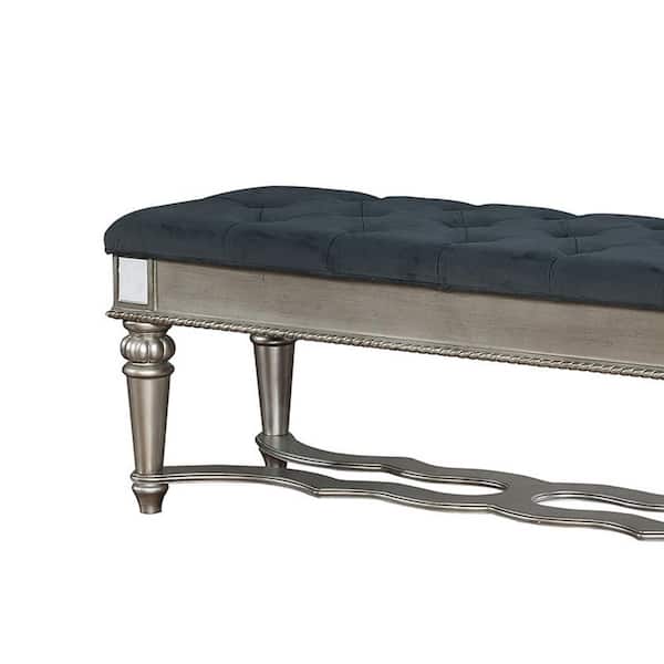 W Silver And Blue Tufted Fabric Bench, Bench With Mirrored Legs