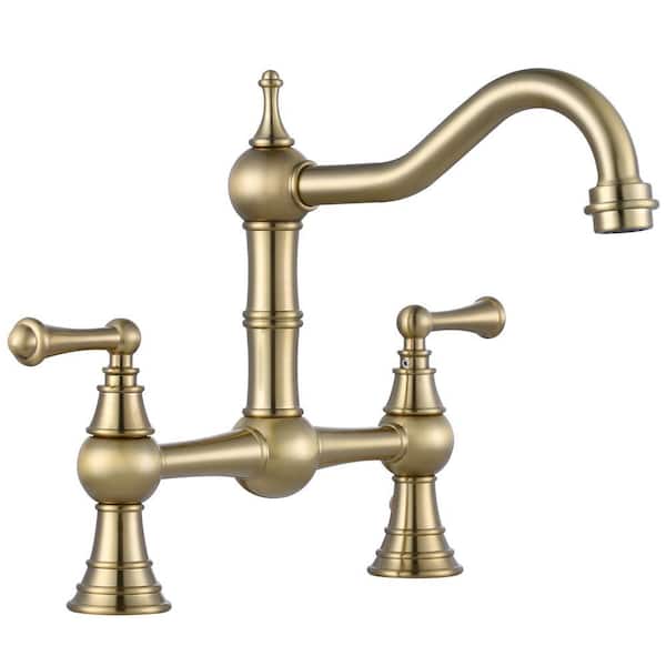 Brass 8 in. Double Handle Bridge Kitchen Faucet with 2-Aerators, Brass Valve and Supply Lines in Gold