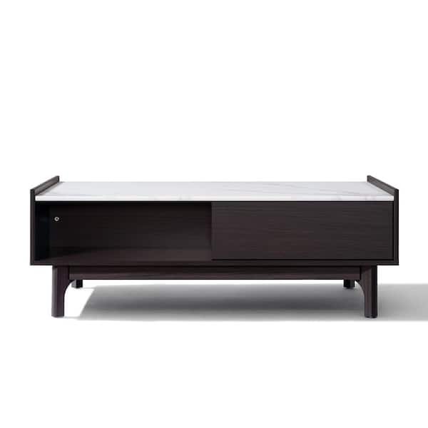Modi Wenge 23.62 in Brown Rectangle Faux Marble Top Coffee Table with 1 Door, Open Storage & Raised Sides