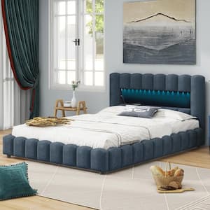 Blue Wood Frame Queen Size Platform Bed with LED Headboard and USB