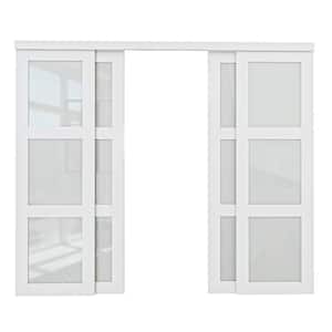 96 in. x 80 in. 3-Lite White Tempered Frosted Glass MDF Closet Sliding Door with Hardware Kit