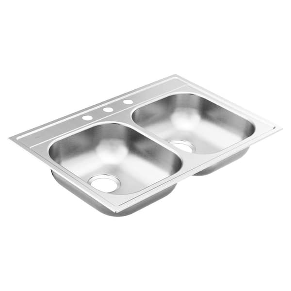 MOEN 2000 Series Stainless Steel 33 in. 3-Hole Double Bowl Drop-In Kitchen Sink with 5.5 in. Depth