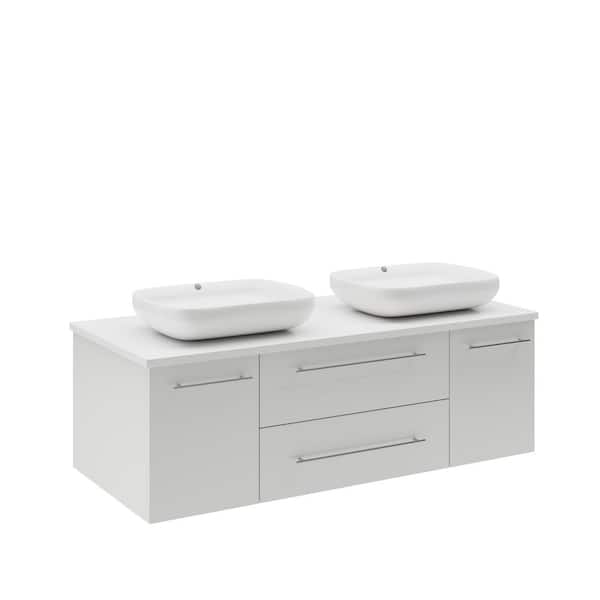 Fresca Lucera 48 in. Double Sink Wall Mount Floating White Bath Vanity with White Quartz Top and Vessel Ceramic Sinks