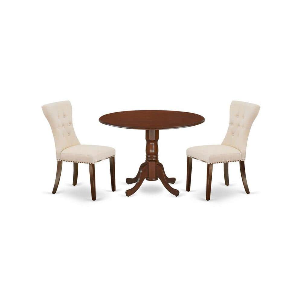Mahogany Round Pedestal Dining Table Set with Beige Linen Chairs