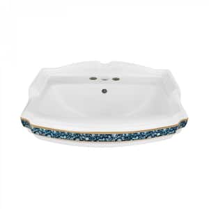 5 in. D Bathroom Pedestal Sink Basin White in Ceramic with Blue and Gold Accents and Centerset Faucet Holes