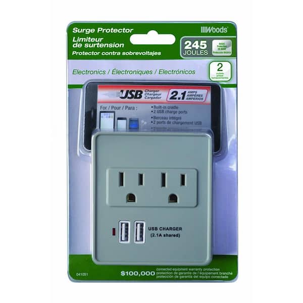 Woods 2-Outlet 245-Joule Plug-In Surge Protector with USB Charger
