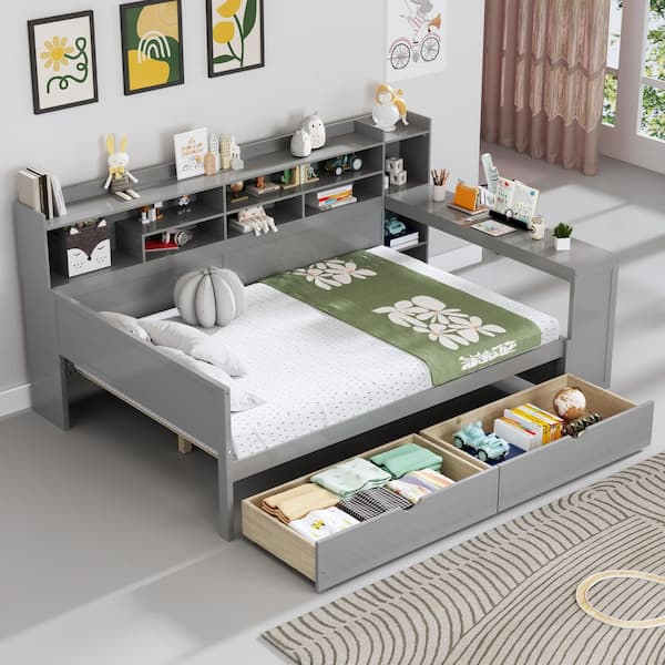 Pace Multi-functional Gray Full Size Wooden Daybed with Desk, Storage Shelves, and Drawers