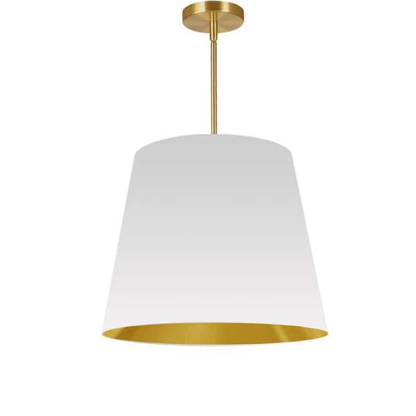 Dainolite Oversized Drum 1-Light Aged Brass Pendant with White and Gold Fabric Shade