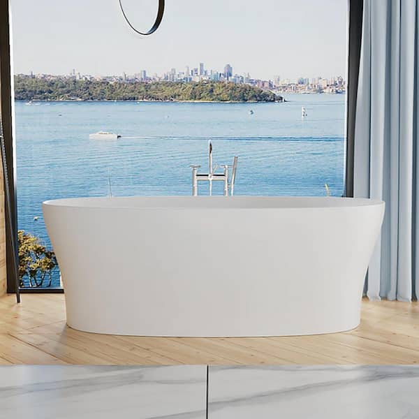 Staykiwi 67 in. x 31 in. Solid Surface Stone Resin Freestanding Soaking Bathtub with Center Drain in White