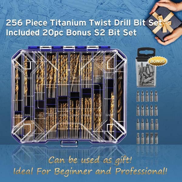 276pc Titanium High Speed Steel Twist Drill Bit Set with S2 Bits