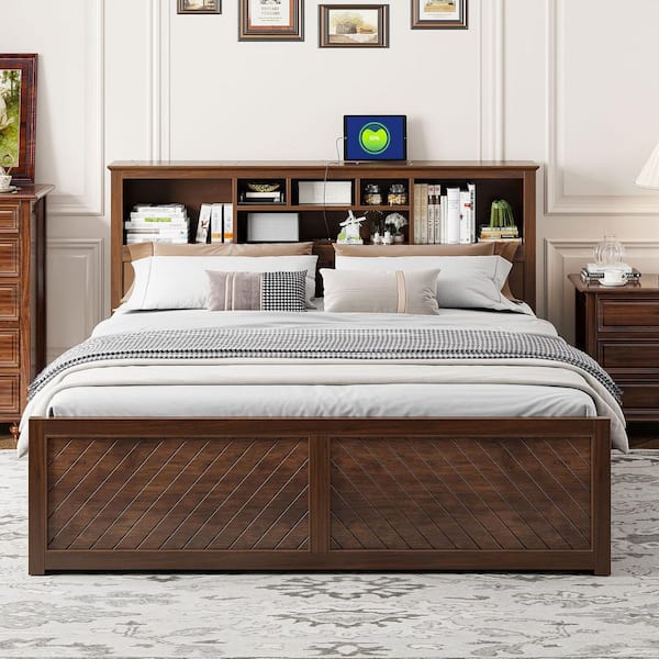 Dark Walnut/Brown Frame King Size Platform Bed with Multi-Storage Headboard, USB and Drawers