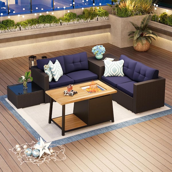 PHI VILLA Black Rattan Wicker 4 Seat 5-Piece Steel Outdoor Fire Pit Patio Set with Blue Cushions and Rectangular Fire Pit Table