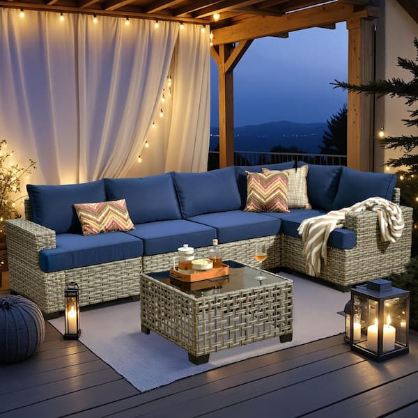 Tiberty Gray 6-Piece Wicker Patio Conversation Seating Set with Navy Blue Cushions