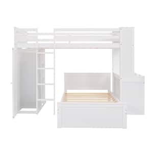 White Twin Over Twin Bunk Bed with Wardrobe, Desk and Shelves