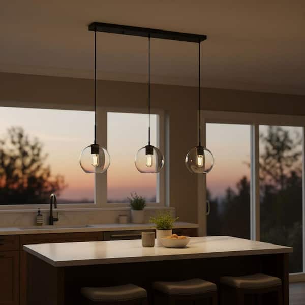 3- -Light Matte Black Island Pendant with Clear Glass Shades