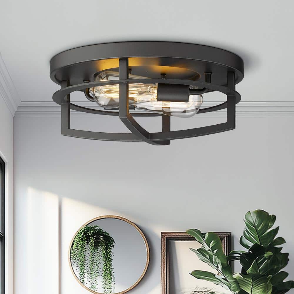 Black Metal 2-Light Flush Mount Ceiling Fixture