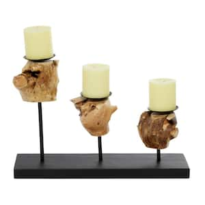 12 in. H Black Teak Wood Live Edge Pillar 3 plate Candle Holder