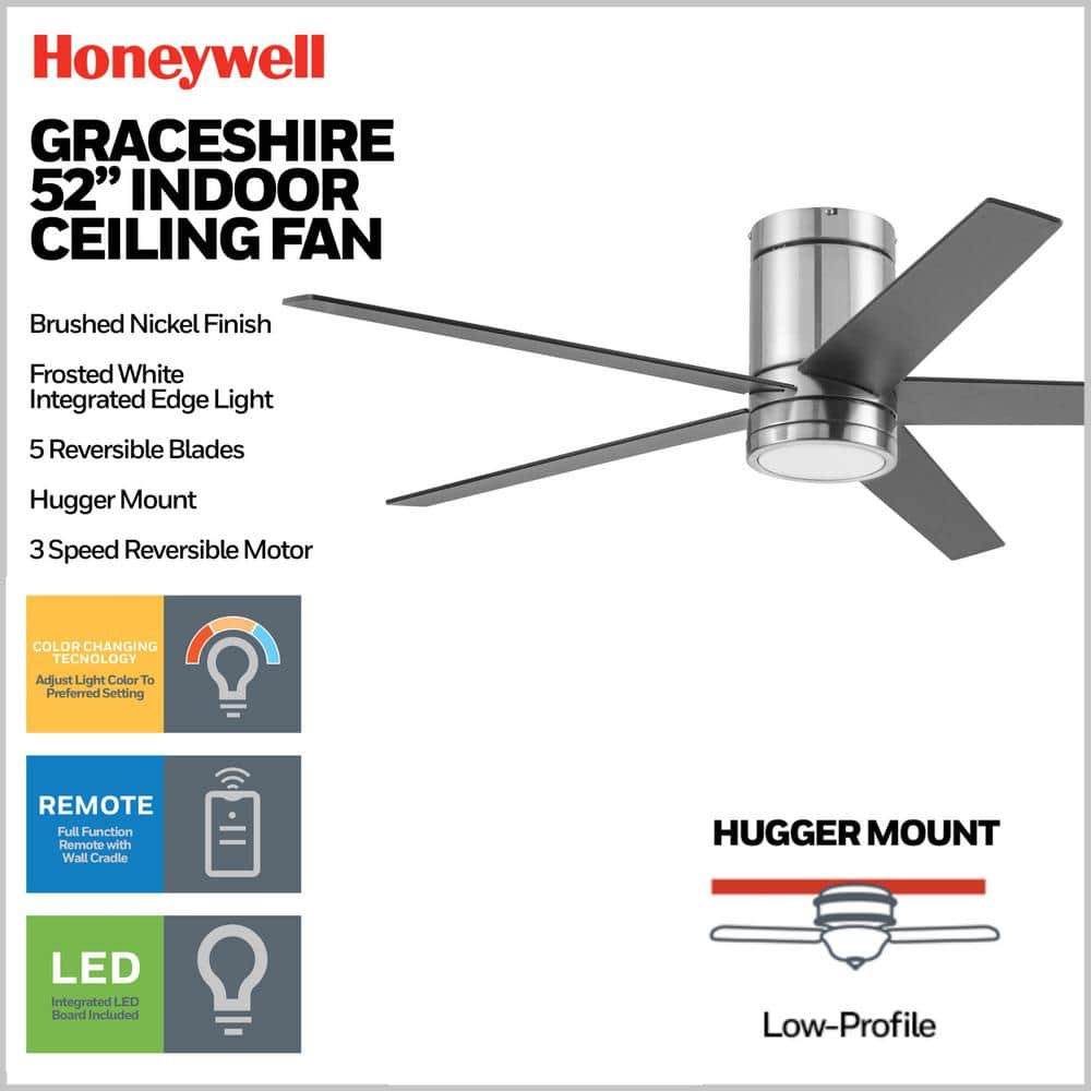 Graceshire 52" Brushed Nickel LED Ceiling Fan with Remote and Reversible Gray Oak Blades