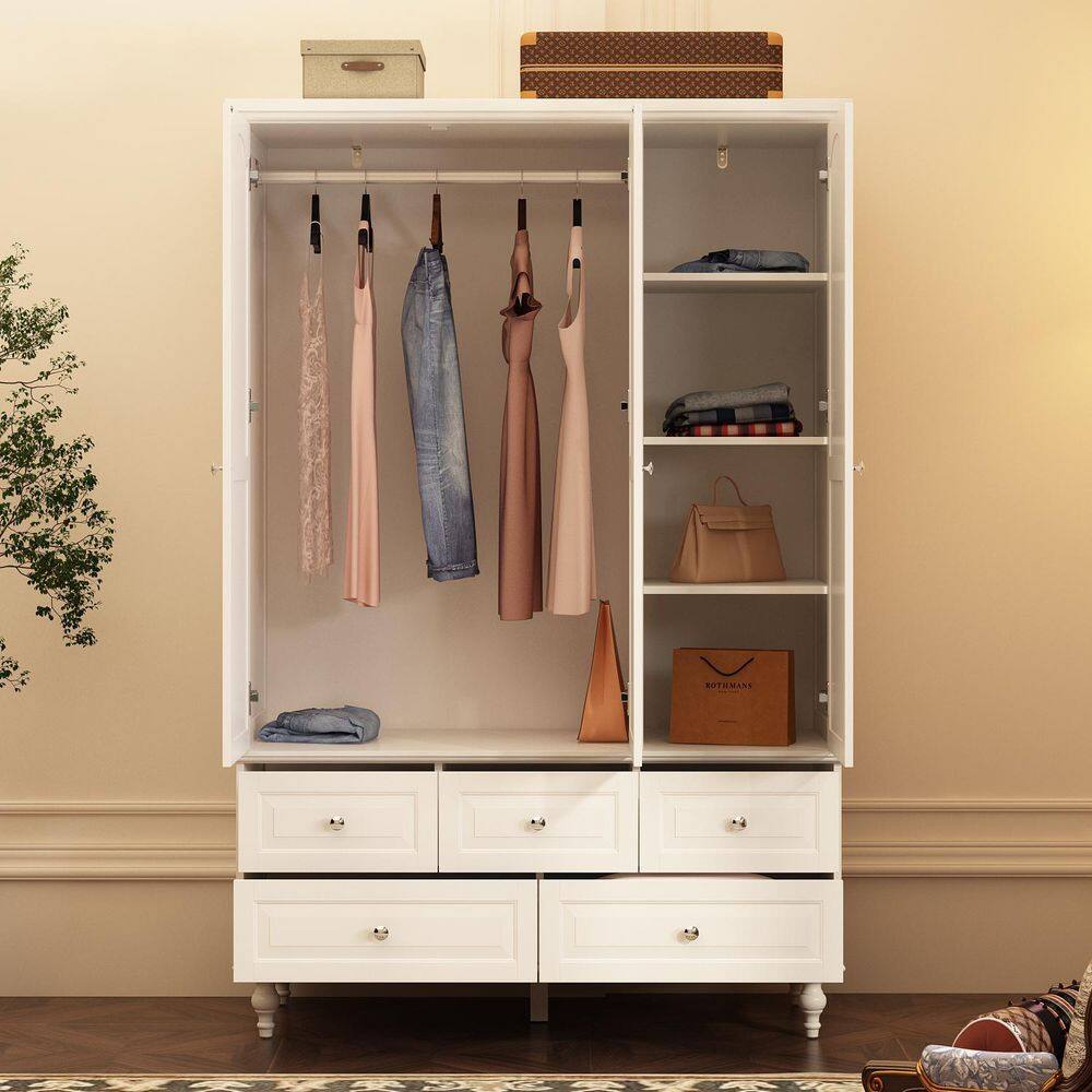 White Paint Big Wardrobe Armoires W/Mirror, Hanging Rod, Drawers, Adjustable Shelves 70.9 in. H x 47.2 in. W x 20 in. D - thumbnail 6