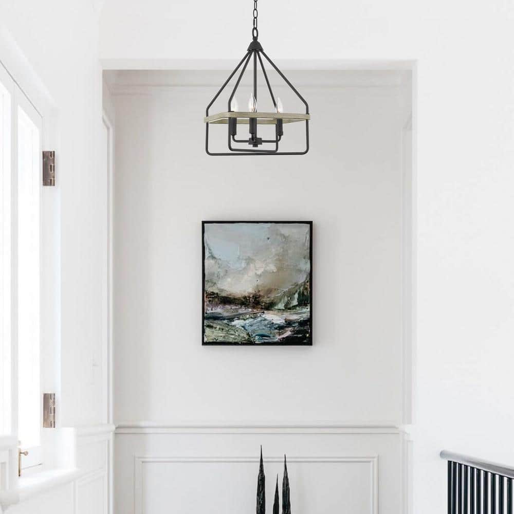 Sandblasted Black and Gray Oak Metal Square Lantern Chandelier