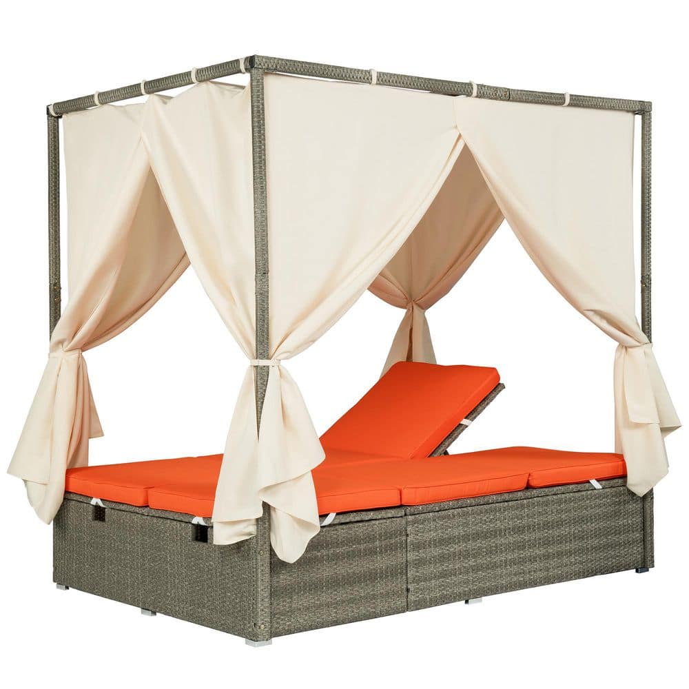 Adjustable Wicker Outdoor Day Bed with Canopy and Orange Cushions, Outdoor Sun Lounger, Patio, Garden Lounge Chair