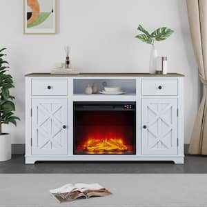 60 in. Farmhouse Wooden TV Stand with Electric Fireplace in Off-White for TVs up to 65 in.