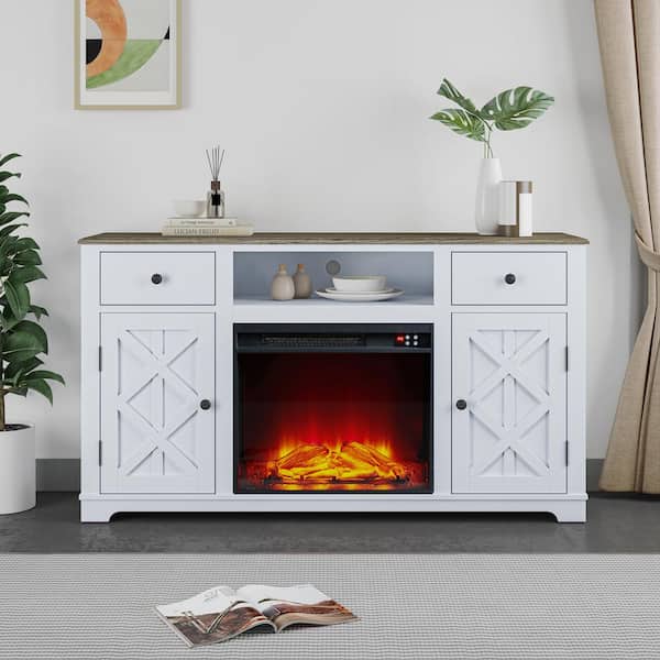 FESTIVO 60 in. Farmhouse Wooden TV Stand with Electric Fireplace in Off-White for TVs up to 65 in.