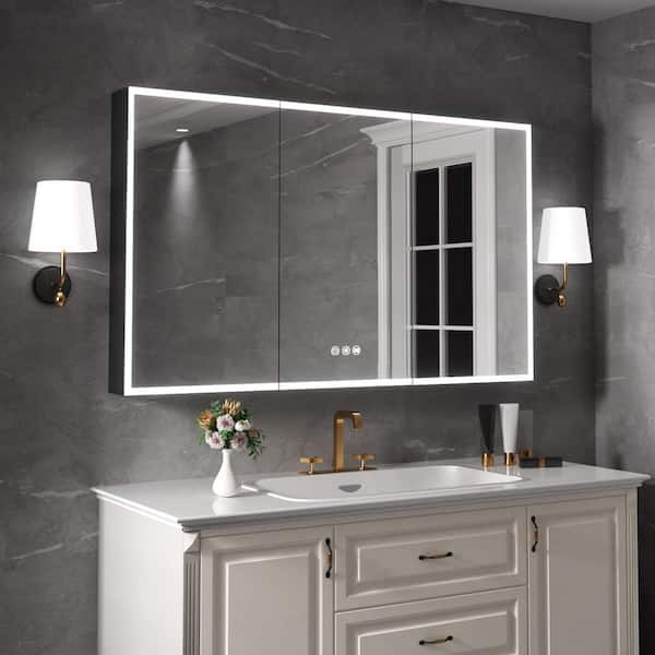 Ziyudura 60 in. W x 36 in. H Rectangular Aluminum LED Medicine Cabinet with Mirror and Flowing Light, Dimmable, Anti-fog, Black