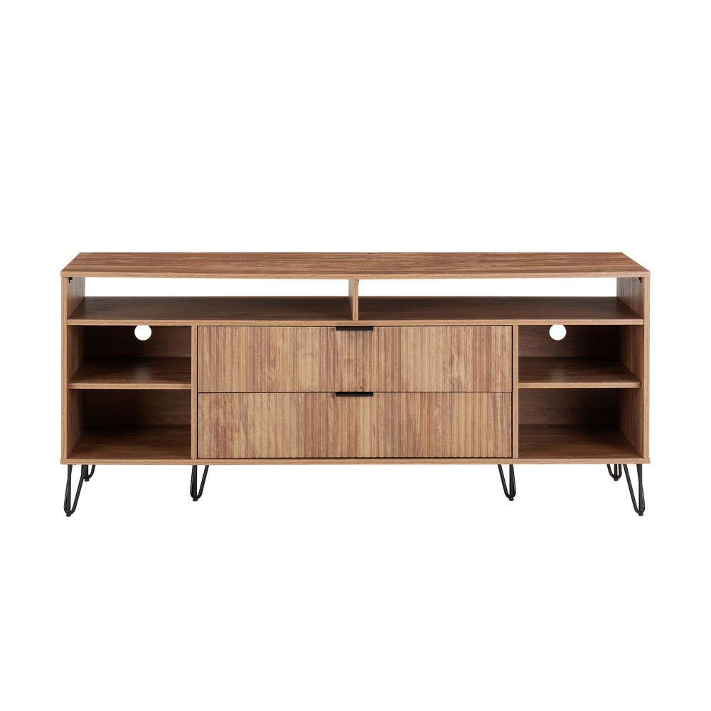 Golden Brown Mid-Century Modern TV Stand with Cabinet and Shelves