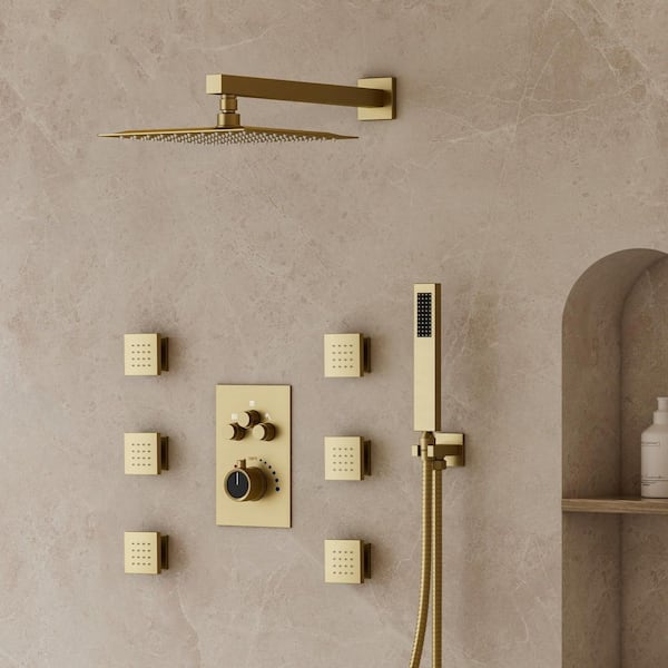 Rainspire 7-Spray 12 in. Wall Mount Square High Pressure Shower System with 6-Jets in Brushed Gold (Valve Included)