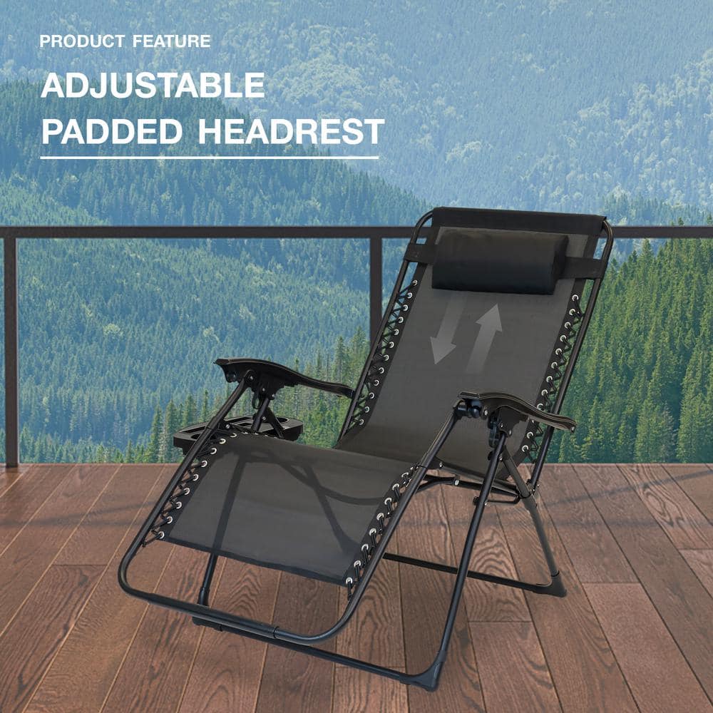 Oversized Black Steel Zero Gravity Outdoor Lounger with Cushion