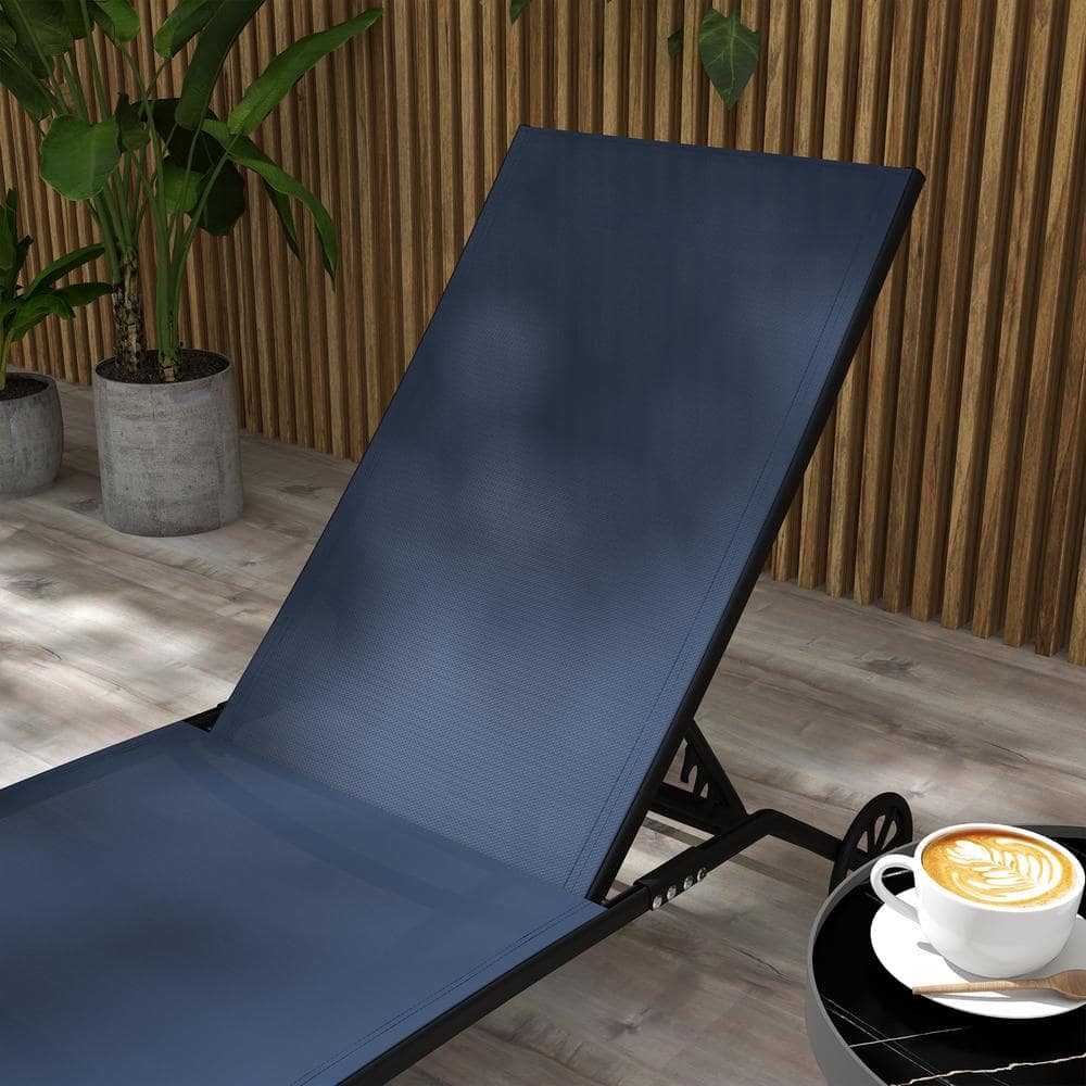 Dark Blue Adjustable Outdoor Chaise Lounge Chairs with Wheels