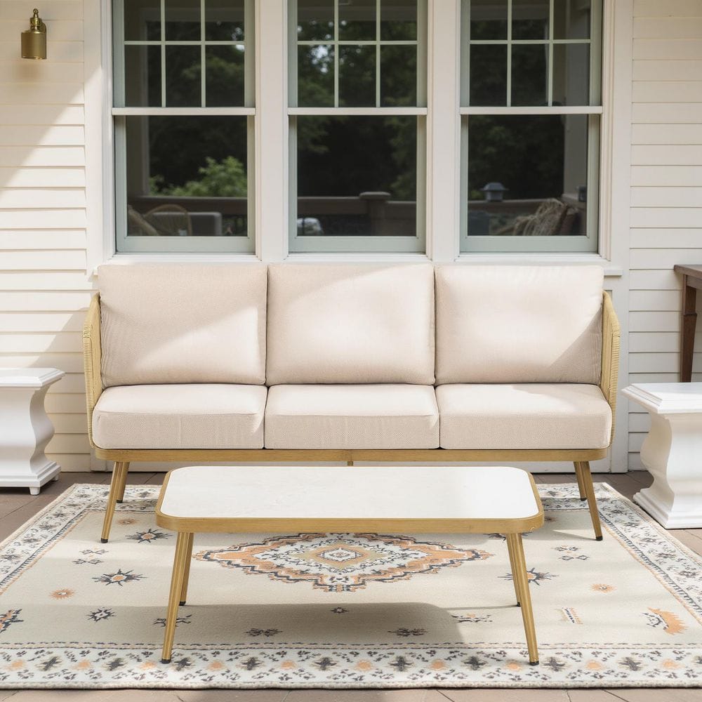 3-Piece Wicker Outdoor Sectional Set with All-Weather CushionGuard Beige Cushions for Patio and Garden price history on PriceWatchPro