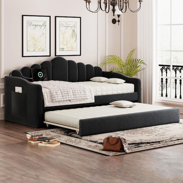 Black Twin Size Upholstered Daybed with Trundle, USB Charging Ports and Side Pockets